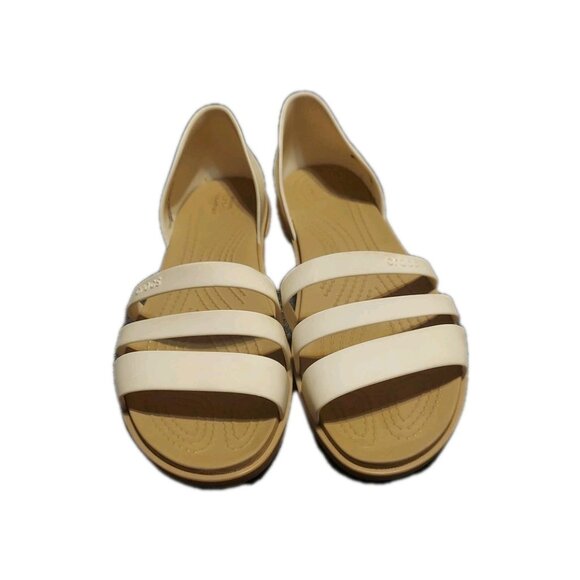 Crocs Sandals Tulum White Tan Womens Size 8 Strappy Flats Comfort Vacation - Picture 1 of 10